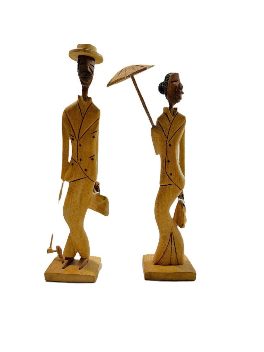 Vintage Folk Art Hand-Carved Teak Wood Elegant Couple Figurines